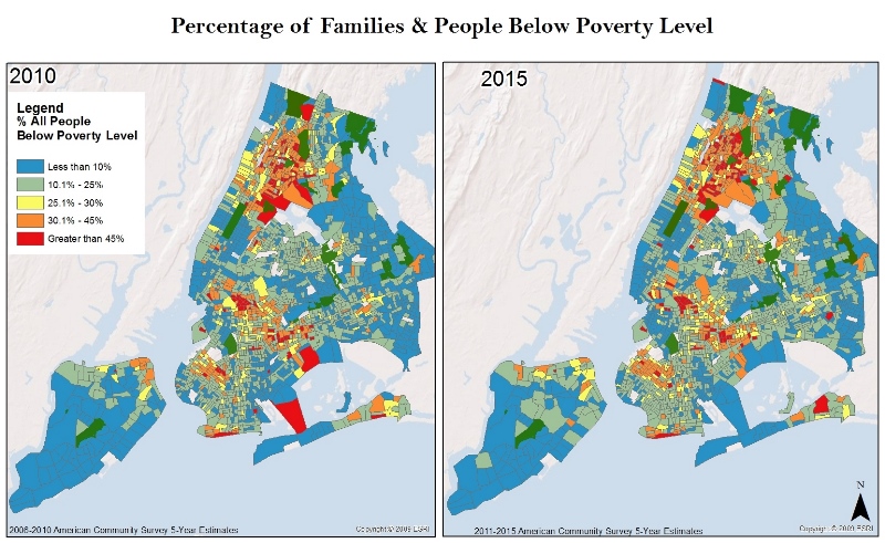 Using information from the American Community Survey 5- year estimates,these maps demonstrate that the Bronx is home to the highest percentage of people living below the poverty level.