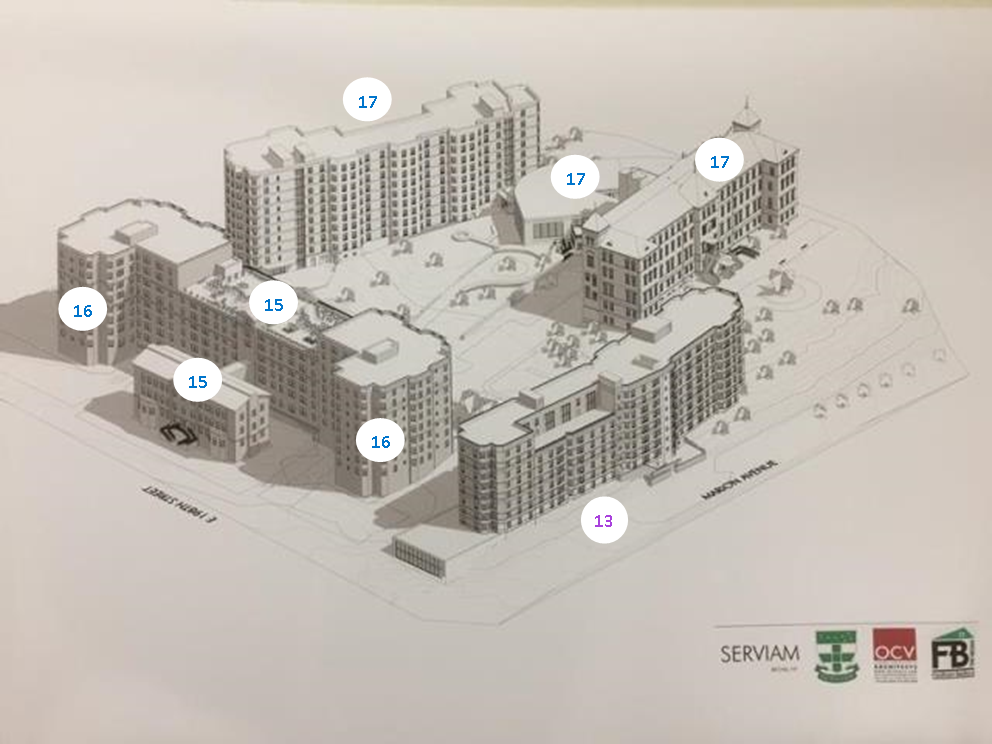 New affordable senior citizen housing and community space in-construction and mixed income rental housing for families planned at the Serviam.