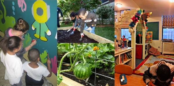 Concourse House emphasizes stability and healthy independent living. Each family is offered programs and activities directed toward goal setting and developing a sense of personal responsibility. Pictured above, children participate in a gardening program in the yard, watermelons are ripening on the vine, children painting a beautification mural and the newly renovated (with private donations) after-school room for Concourse House kids.