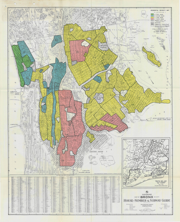 A Home Owners’ Loan Corporation map of the Bronx. Image via Mapping Inequality.
