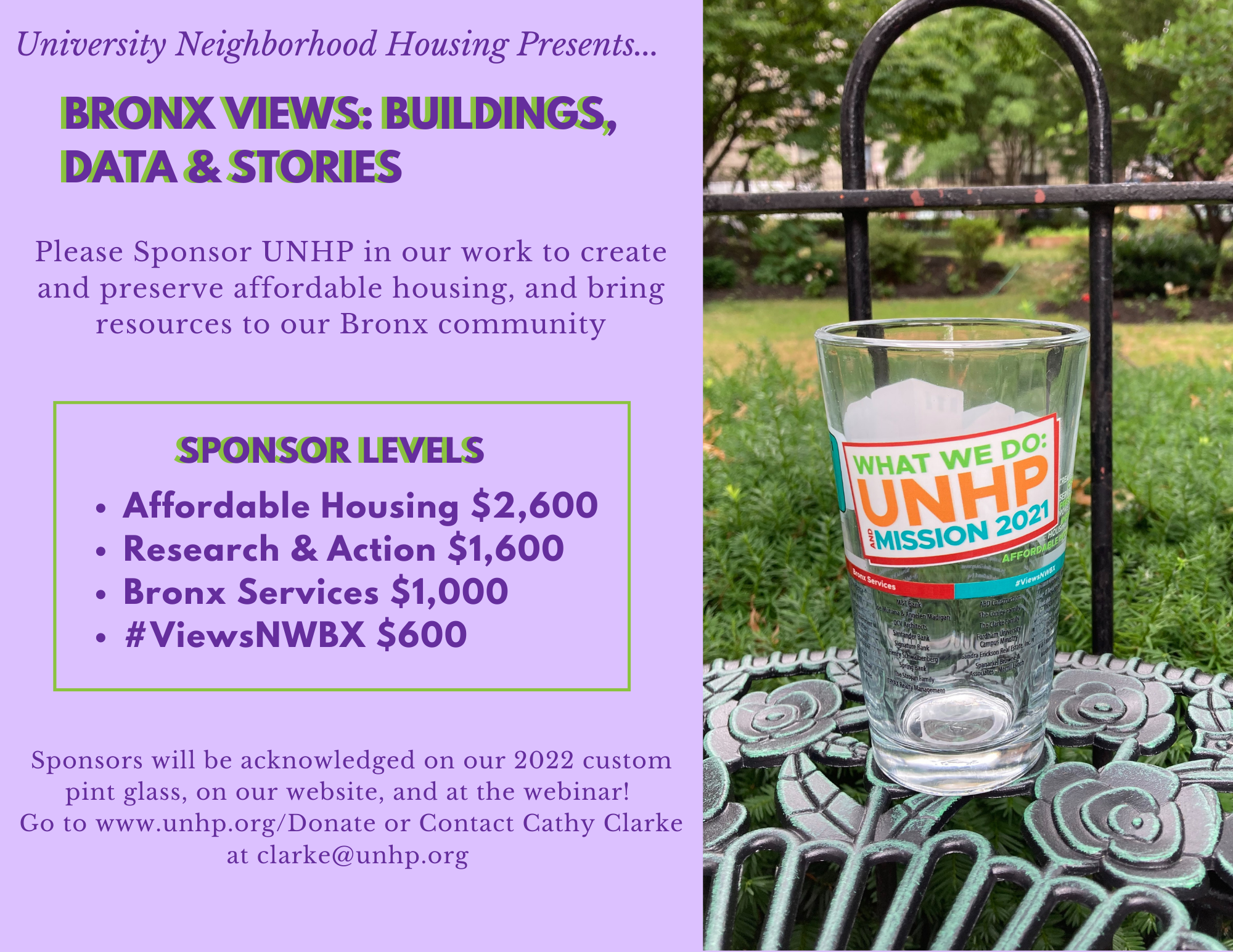 Join UNHP as a Sponsor! Your sponsorship supports our work and gets your name on this year's custom pint glass!